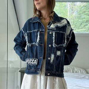 100% Cotton Denim Jacket with Distressed Details oversized small to medium